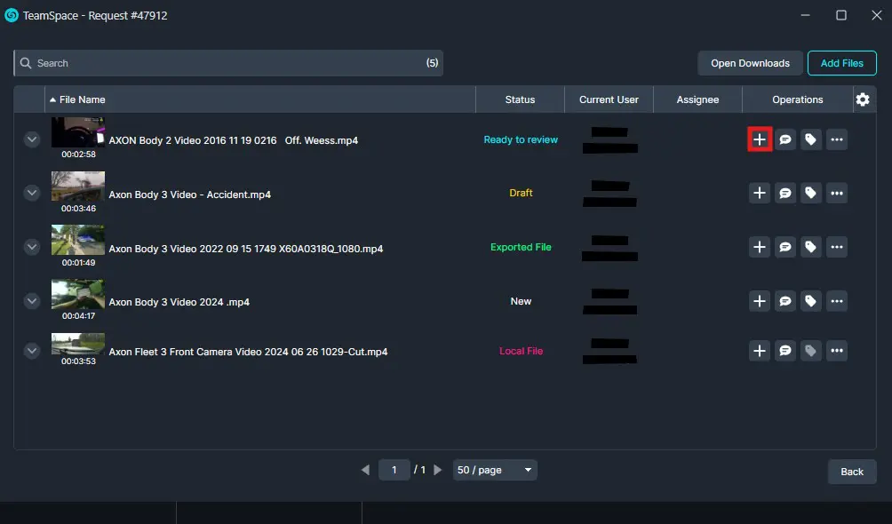 TeamSpace file list window showing five video files with status labels and right-side action icons (add, chat, more).