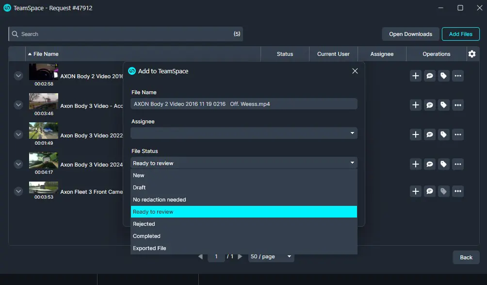 TeamSpace file manager: modal to add a video file to a project, with status and assignee fields visible.