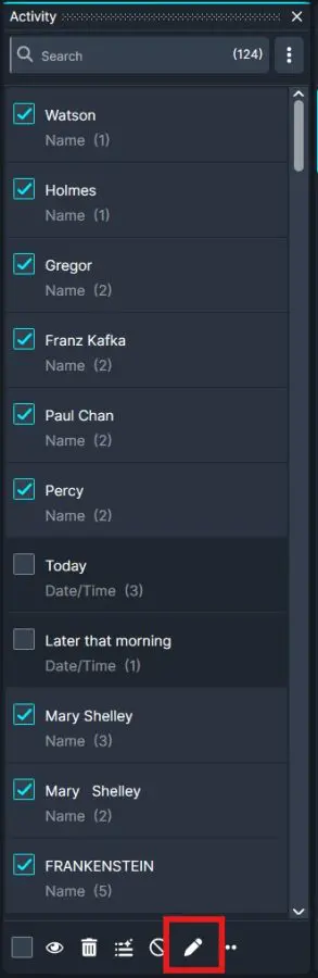 Dark activity panel with a searchable list of checked names (Watson, Holmes, Gregor, Kafka, Paul Chan, Percy, Mary Shelley, FRANKENSTEIN); the edit button at the bottom is highlighted.