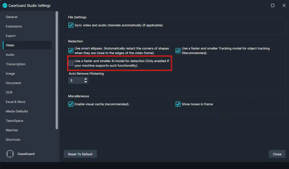 CaseGuard Studio Settings window, Video tab with options like syncing video and audio channels, smart redaction corners, faster AI models for detection and tracking (one option disabled), Auto Remove Flickering set to 3, and checkboxes for enabling visual cache and showing boxes in frame.