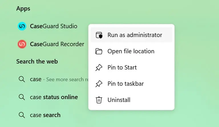 Illustration of CaseGuard apps with a floating context menu listing Run as administrator, Open file location, Pin to Start, Pin to taskbar, Uninstall.