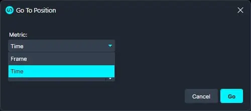 Go To Position dialog in a dark app; Metric dropdown set to Time with a second dropdown listing Time; Cancel and Go actions available.