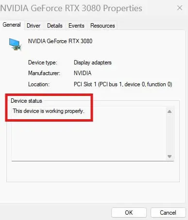 Windows Properties dialog for NVIDIA GeForce RTX 3080 showing device status: This device is working properly in the General tab, Display adapters section.