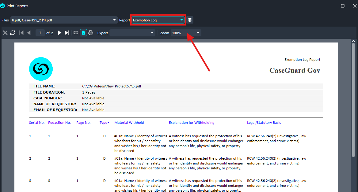 Screenshot of a PDF viewer showing an Exemption Log Report from CaseGuard Gov, with a table listing exemptions and related details.