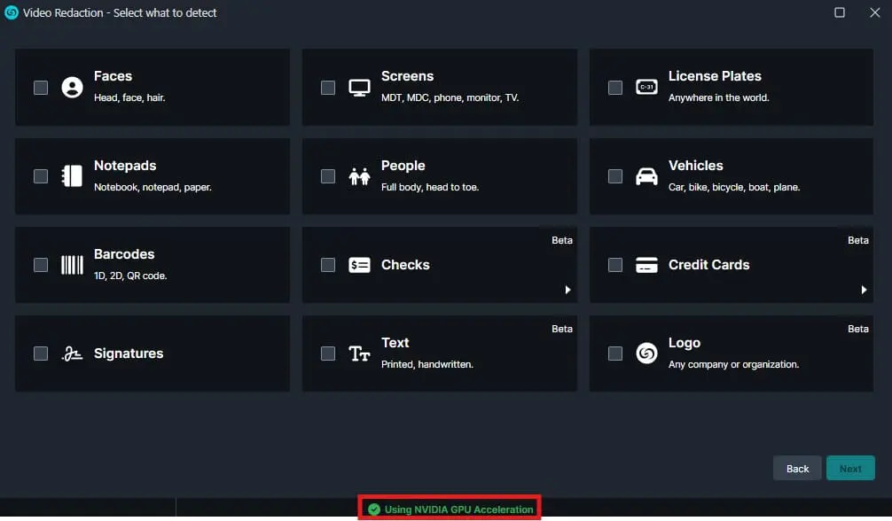 UI for video redaction with a grid of detection categories (Faces, Screens, License Plates, Notepads, People, Vehicles, Barcodes, Checks, Credit Cards, Signatures, Text, Logo) and an NVIDIA GPU Acceleration status bar.