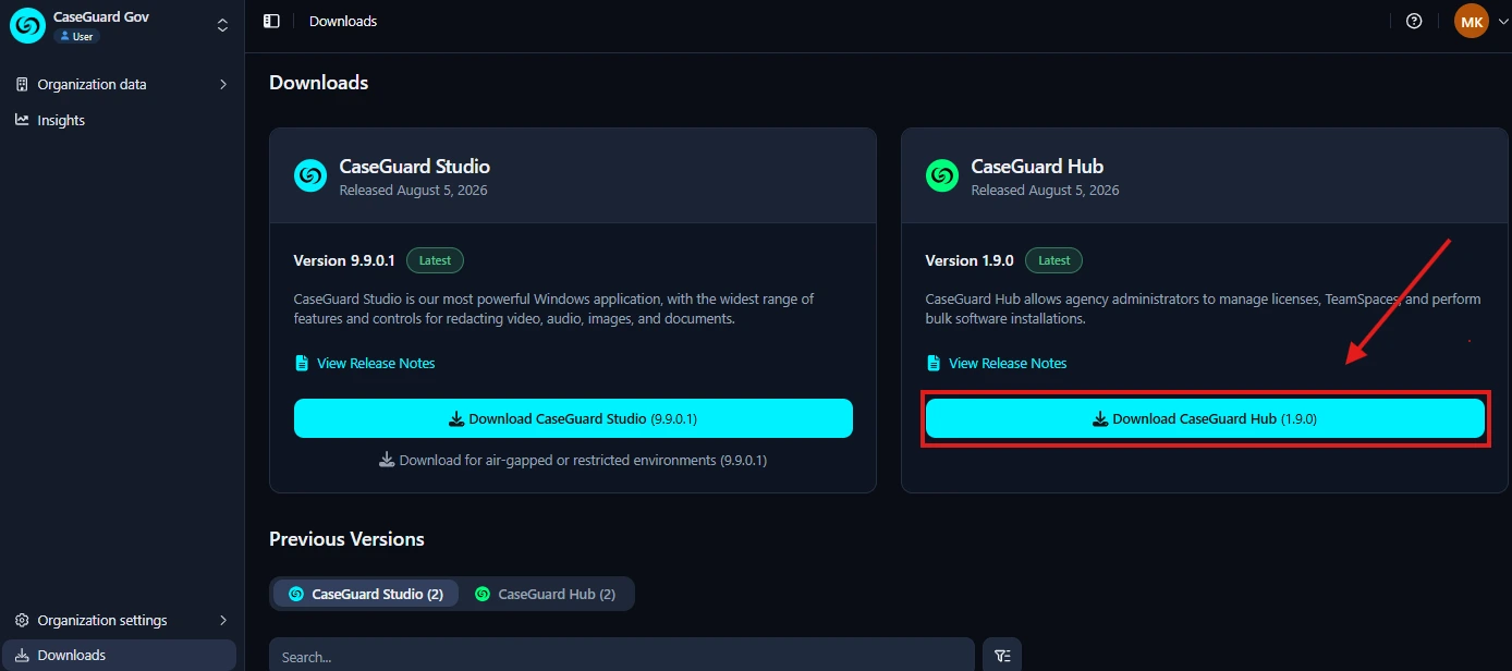 Dark-mode Downloads page with two product cards: CaseGuard Studio (left) and CaseGuard Hub (right), each with a bright cyan 'Download' button and version info.