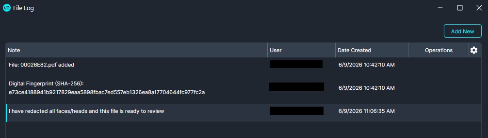 Dark-themed File Log showing: 00026E82.pdf added and its SHA-256 fingerprint, plus a redaction note.