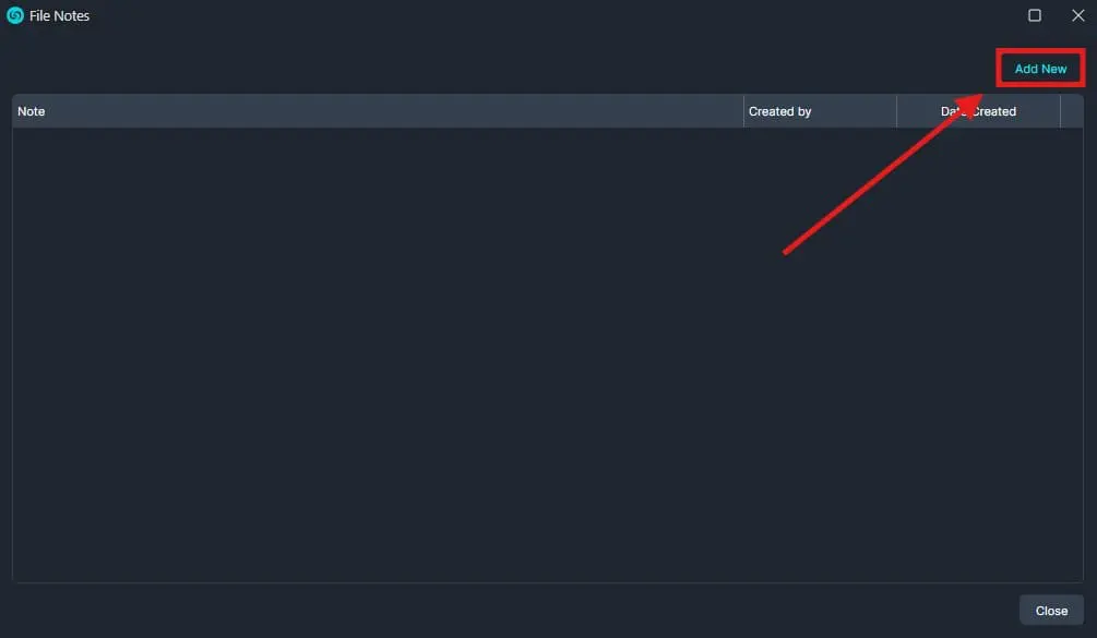 File Notes window with an empty list and an emphasized Add New button in the top-right.