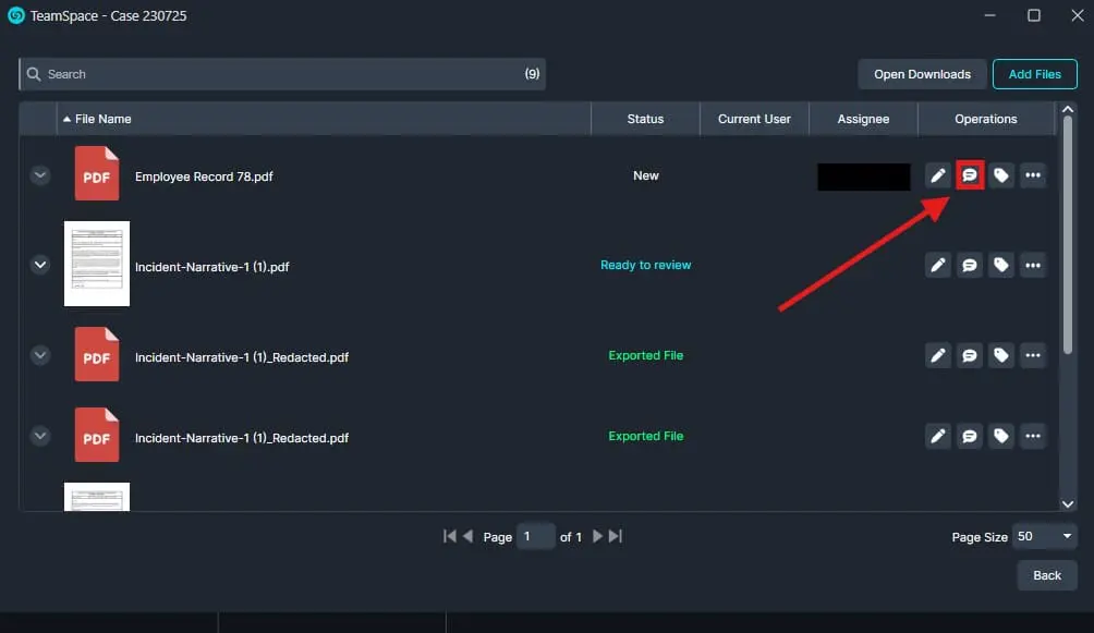 TeamSpace file list showing PDF documents and statuses; a red arrow points to the Comment icon in the Operations column.