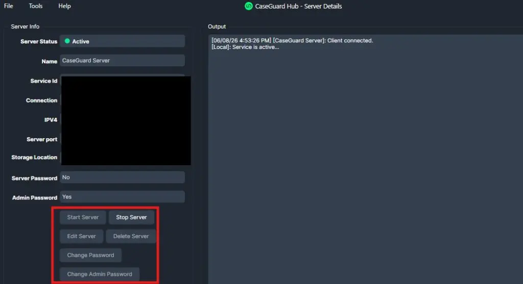 CaseGuard server details with Active status; action buttons include Start Server, Stop Server, Edit Server, Delete Server, Change Password, Change Admin Password.