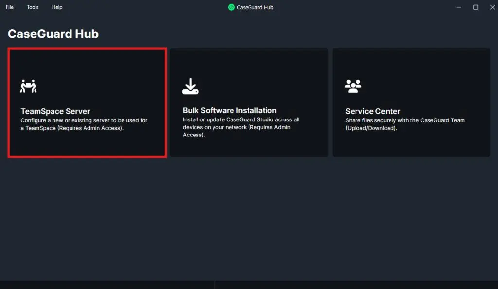 Teamspace-server | CaseGuard CaseGuard Hub dashboard with three tiles: left highlighted TeamSpace Server (configures a server for TeamSpace), Bulk Software Installation, and Service Center.