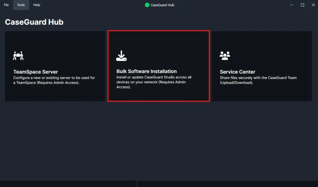 CaseGuard Hub home screen with three tiles: TeamSpace Server (left), Bulk Software Installation (center, highlighted with red border), and Service Center (right).