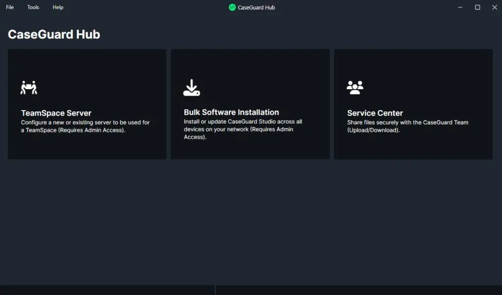 Dashboard for CaseGuard Hub with three tiles: TeamSpace Server, Bulk Software Installation, and Service Center.