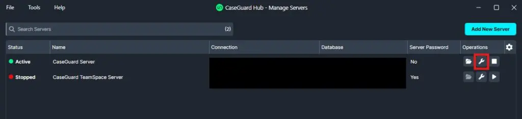 Manage Servers screen showing two servers: CaseGuard Server (Active) and CaseGuard TeamSpace Server (Stopped); a wrench icon under Operations is highlighted.