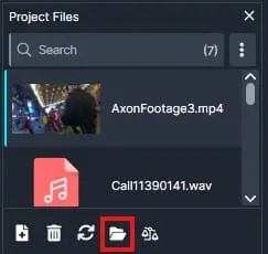 Screenshot of a project files panel with a highlighted Open folder button, showing a video file AxonFootage3.mp4 and a Call11390141.wav.