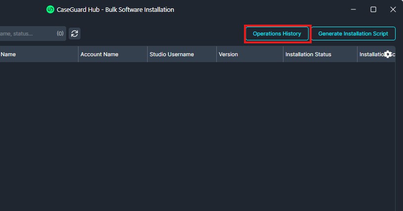 CaseGuard Hub Bulk Software Installation window with dark theme; 'Operations History' button highlighted next to 'Generate Installation Script'.