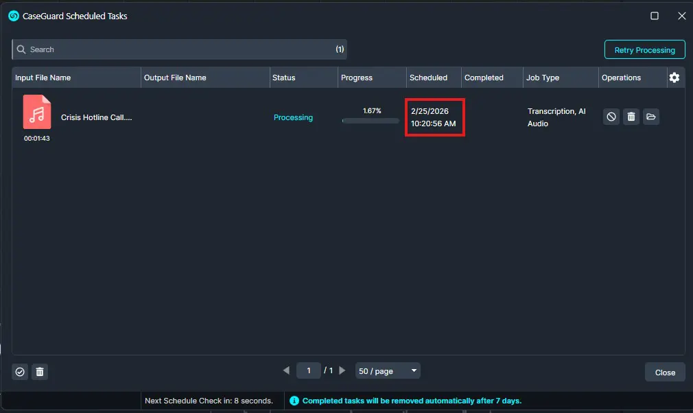 Screenshot of CaseGuard Scheduled Tasks showing a single task: Crisis Hotline Call… being processed; scheduled for 2/25/2026 at 10:20:56 AM; job type Transcription, AI Audio.