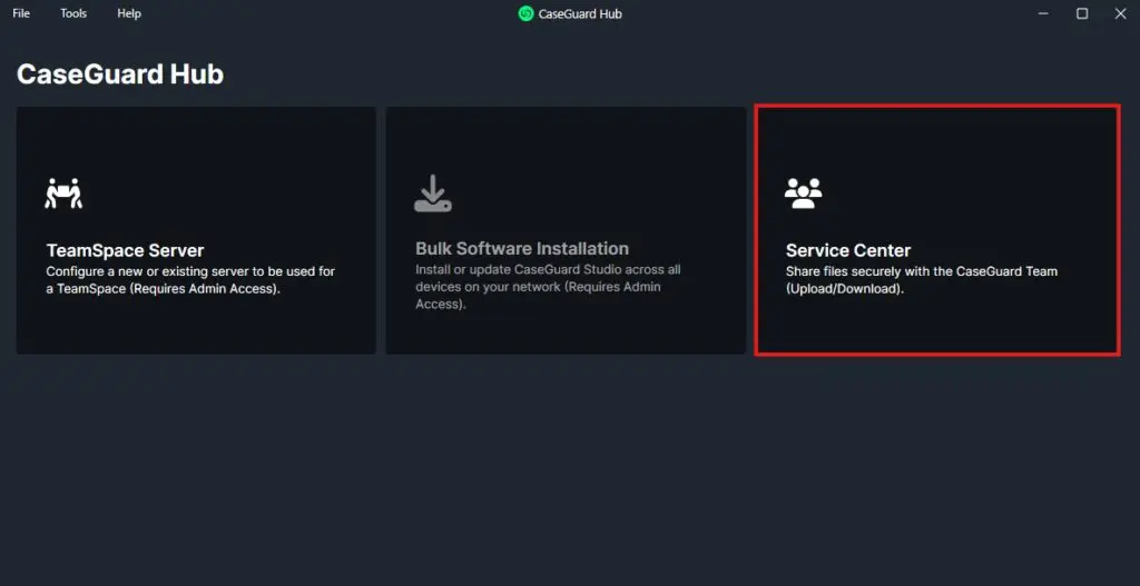 CaseGuard Hub home screen with three tiles; Service Center tile is highlighted for secure file sharing with the CaseGuard team.