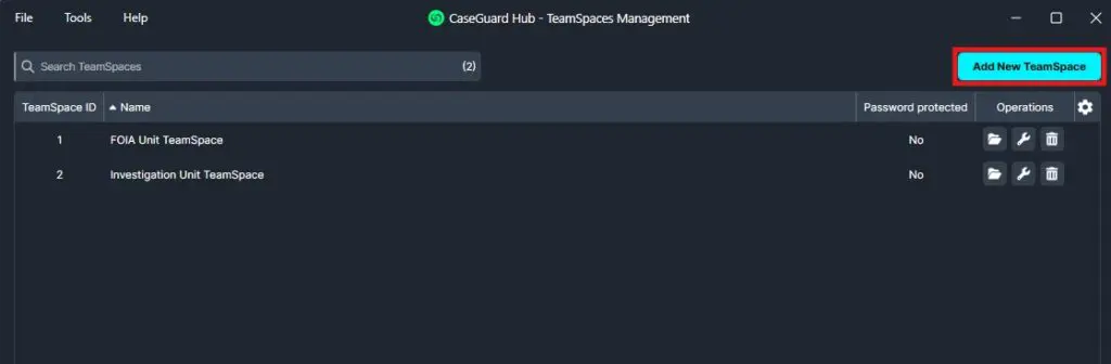 CaseGuard Hub TeamSpaces management screen showing two spaces: FOIA Unit TeamSpace and Investigation Unit TeamSpace, with the Add New TeamSpace button highlighted.