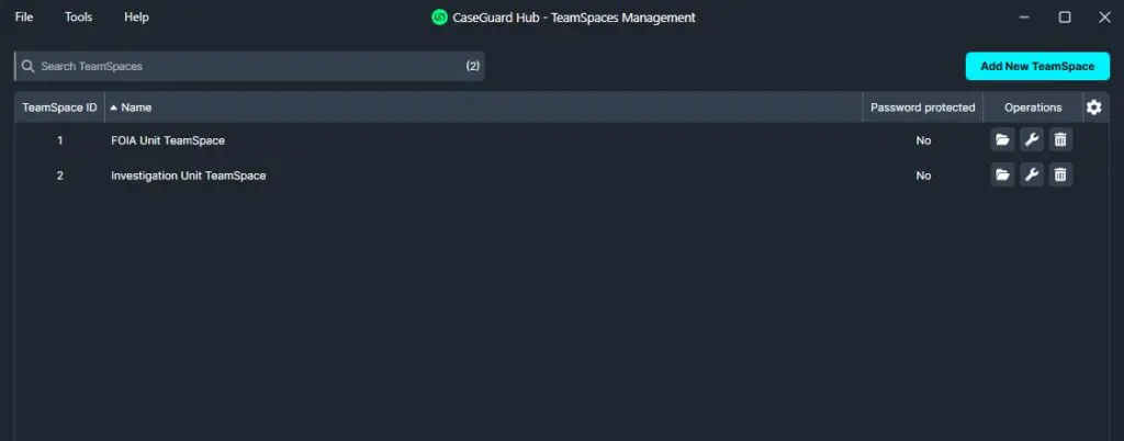 CaseGuard Hub TeamSpaces Management window listing two spaces: 1 FOIA Unit TeamSpace and 2 Investigation Unit TeamSpace, Password protected: No, with action icons on the right.