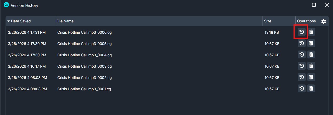 Version history table listing audio files with Restore/Delete actions; the first row's Restore button is highlighted.