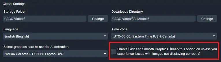 Global Settings screen showing Storage Folder and Downloads Directory paths, Language: English, Time Zone: UTC-5, Graphics card: NVIDIA GeForce RTX 5060 Laptop GPU, with an unchecked box for 'Enable Fast and Smooth Graphics' and its note.