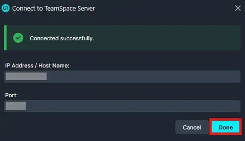 connect-success | CaseGuard Dialog titled 'Connect to TeamSpace Server' showing a successful connection banner, fields for IP address/host and port, and Cancel and Done buttons.