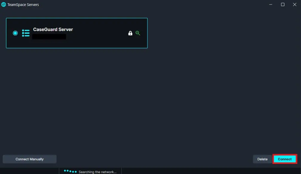 connect-teamspace | CaseGuard TeamSpace Servers interface with a highlighted Connect button in the bottom-right corner.