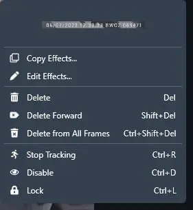 Context menu showing options like Copy Effects, Edit Effects, Delete, Delete Forward, Delete from All Frames, Stop Tracking, Disable, and Lock with shortcuts displayed.