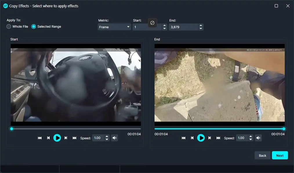UI of a video editing tool showing Start and End panels with two video previews, playback controls, and range selection options (Whole File or Selected Range).