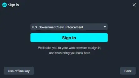 sign-in | CaseGuard Sign-in dialog with a category dropdown (U.S. Government/Law Enforcement) and a cyan Sign in button; bottom options: Use offline key and Back.