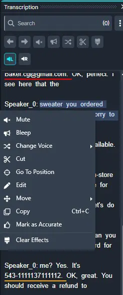 Screenshot of a transcription editor UI with a dark context menu for Speaker_0 showing options like Mute, Change Voice, Cut, Move, Copy, Edit, and Clear Effects.