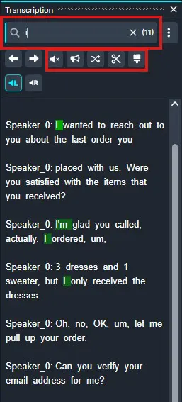 Transcription panel screenshot showing a search field, a row of toolbar icons, and a chat transcript about an order (discussion of dresses, sizes, and verification).