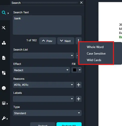 Word-settings | CaseGuard Dark-themed search panel with 'bank' in the search text field and a dropdown showing Whole Word, Case Sensitive, and Wild Cards options.