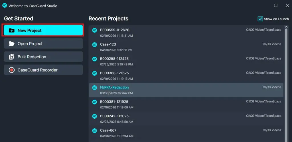 welcome | CaseGuard Screenshot of CaseGuard Studio welcome screen with New Project highlighted in cyan on the left; Recent Projects on the right.