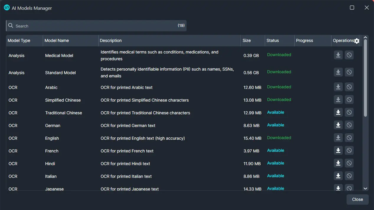 Screenshot of AI Models Manager showing a list of analysis and OCR models with status and size.