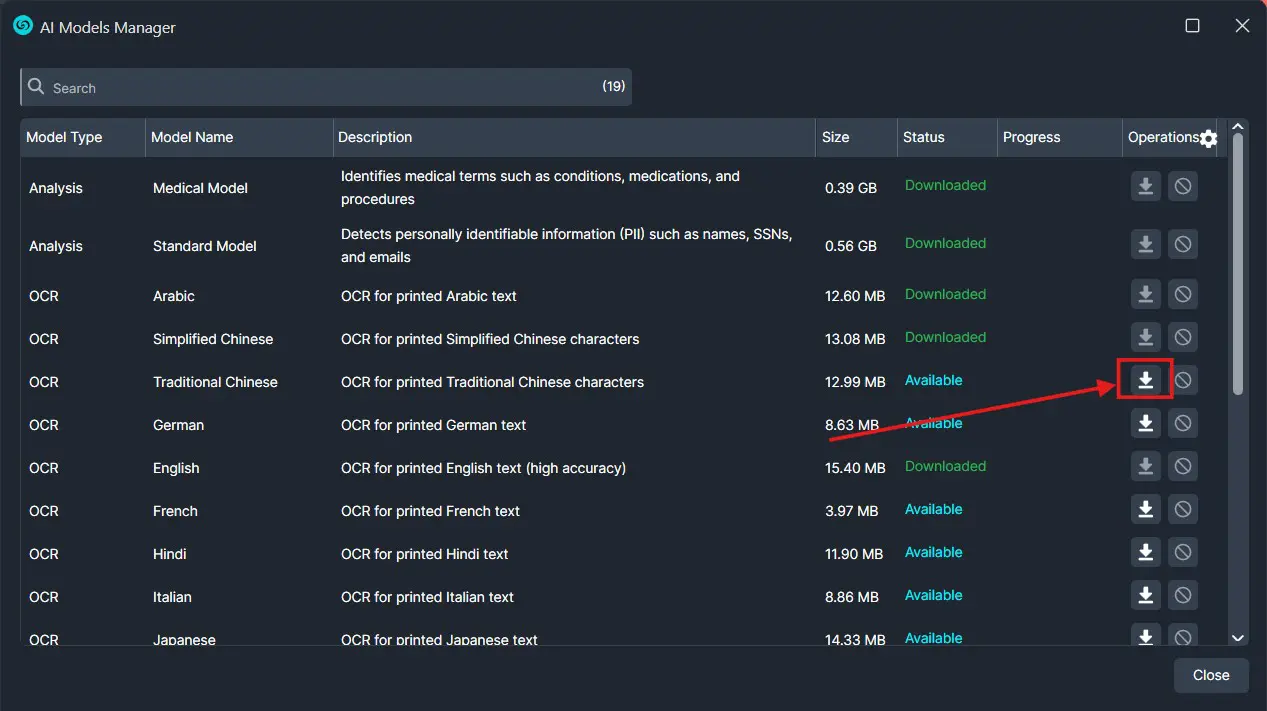 AI Models Manager window showing a list of models; the download button is highlighted beside the OCR Traditional Chinese entry.