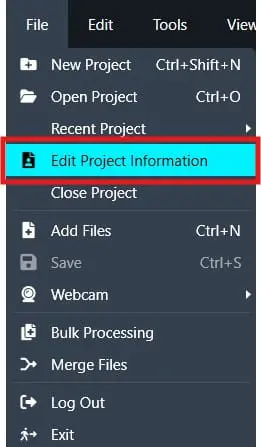 Menu panel showing options like New Project, Open Project, and a highlighted 'Edit Project Information' item (with cyan background and red outline).