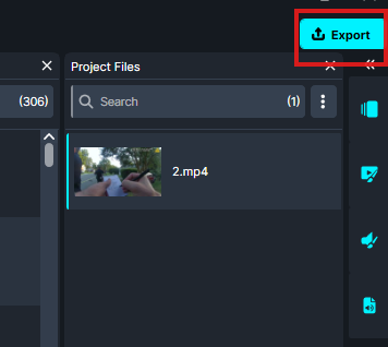 Export button highlighted in the top-right of a project-file pane, indicating the export action.