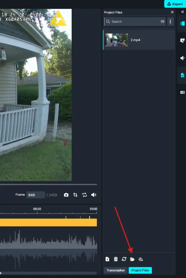 Video editing interface showing a porch scene on the left and project files panel on the right.