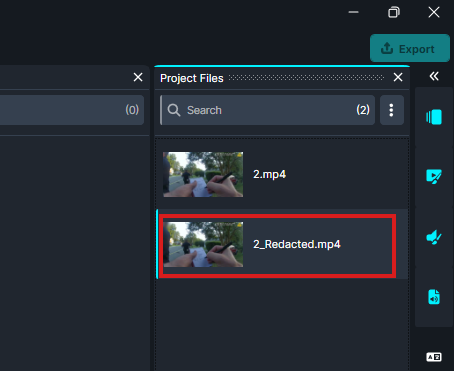 Screenshot of a dark-themed file explorer panel labeled 'Project Files' with two video files, '2.mp4' and '2_Redacted.mp4'; the latter is selected (red outline) with a thumbnail of people outdoors.