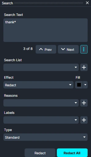Modal search panel with a text box containing 'thank*' and controls for List, Effect (Redact), Reasons, Labels, and Type; 'Redact All' button emphasized.