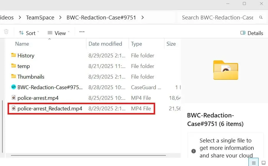 Screenshot of Windows Explorer open to BWC-Redaction-Case#9751, showing folders and two MP4 files, police-arrest.mp4 and police-arrest_Redacted.mp4 (selected).