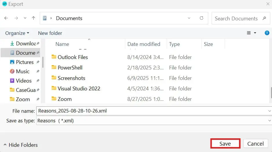 Windows Save As dialog showing file name Reasons_2025-08-28-10-26.xml and the Save button highlighted/outlined