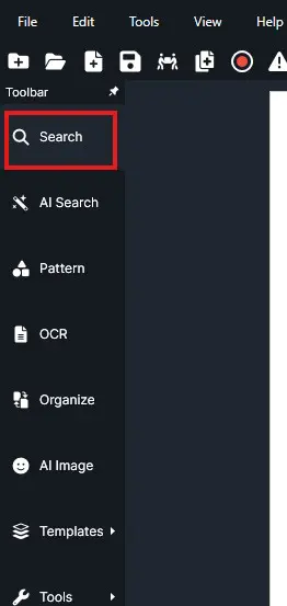 search | CaseGuard Dark vertical toolbar/sidebar with tool options; the top item'Search' is highlighted with a red outline, showing the UI menu.