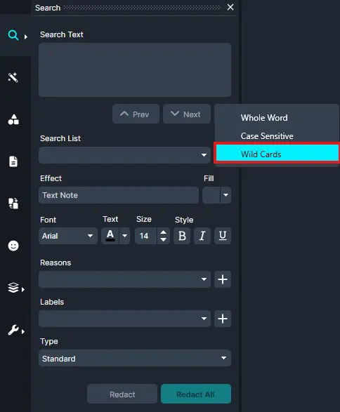 Advanced search panel with Wild Cards option highlighted and Prev/Next controls on a dark UI screen.
