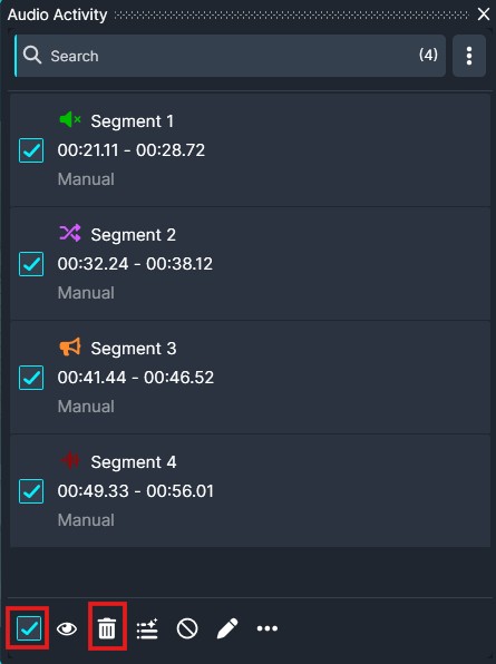 Audio Activity panel listing four manual segments (1–4) with checked boxes: Segments show time ranges 00:21.11–00:28.72, 00:32.24–00:38.12, 00:41.44–00:46.52, 00:49.33–00:56.01; bottom toolbar includes action icons (select, view, delete, grid, etc.).