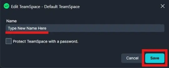 TS-4 | CaseGuard Modal dialog to rename a TeamSpace, showing the input 'Type New Name Here', a 'Protect TeamSpace with a password' option, and a highlighted Save button.