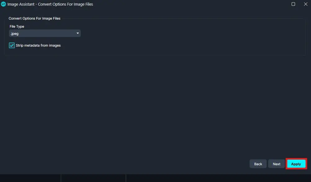 apply-changes | CaseGuard Convert options dialog for image files: file type JPEG selected, metadata stripping enabled; Apply button available.