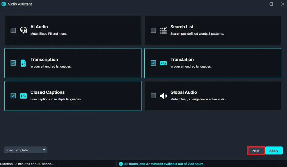 select-translation | CaseGuard Audio Assistant template grid with Transcription, Translation, and Closed Captions selected; Next and Apply buttons visible.